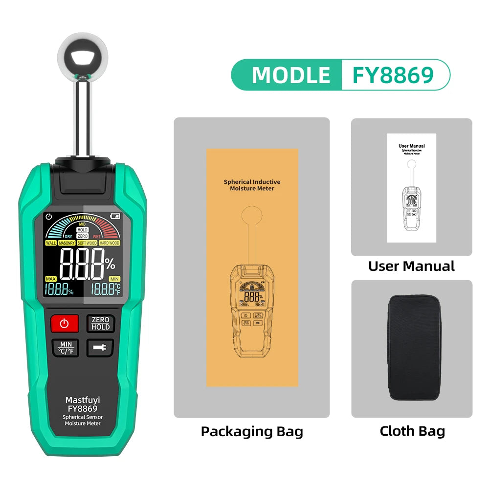 MASTFUYI Professional Moisture Meter, 40mm Non-Destructive Depth with Spherical Sensor & TFT Display for Wood Concrete Brick