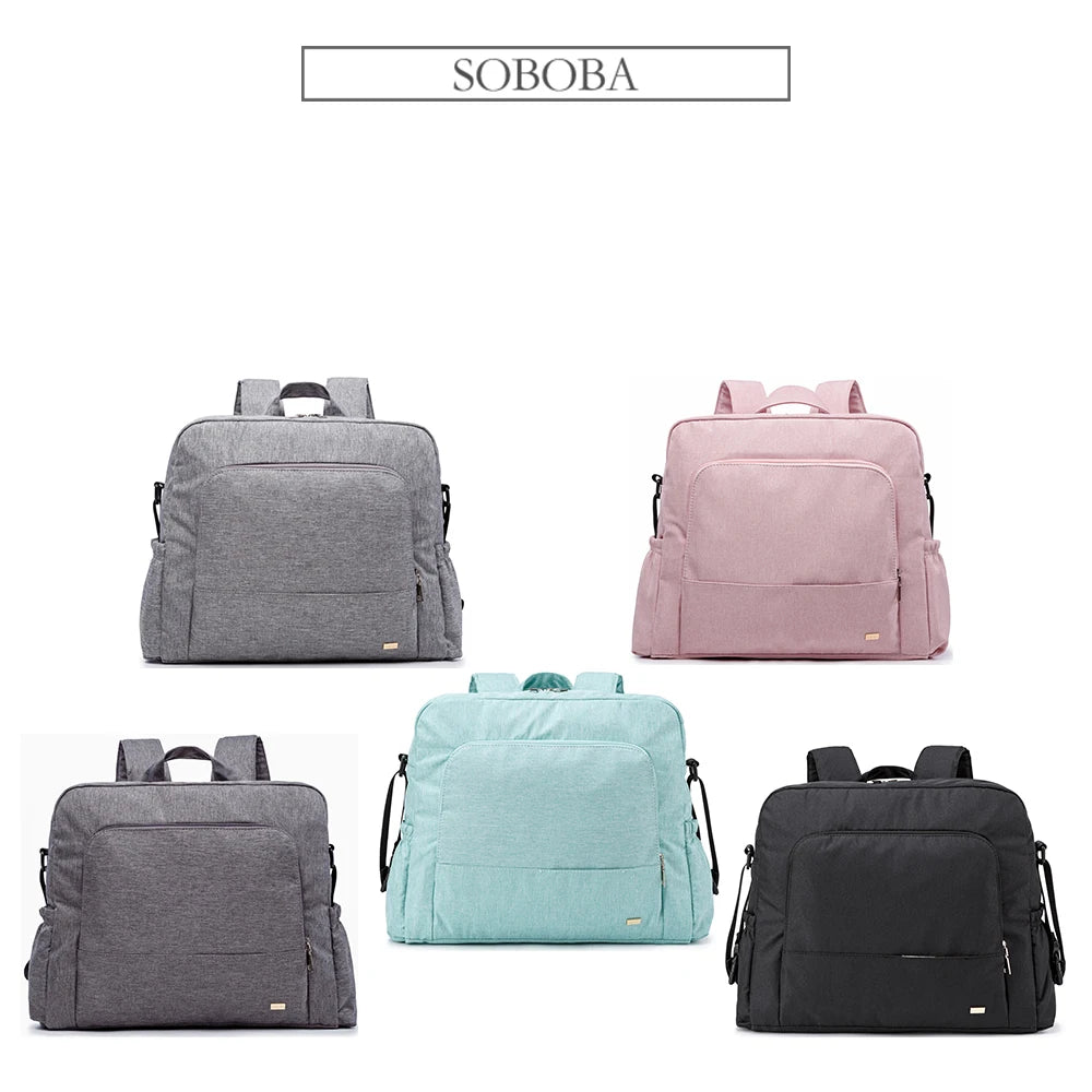 Soboba Solid Diaper Bag Fashion Waterproof Multi-functional Diaper Backpack Nursing Changing Bag for Baby Large Stylish Bag