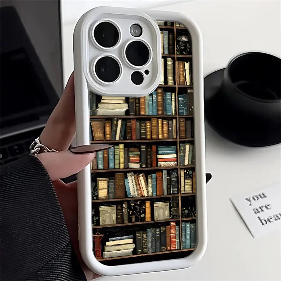 Vintage Bookshelf Kitten Phone Case for iPhone 16 15 Pro Max 13 12 11 14ProMax 16Plus 12Pro 16e Soft Cover