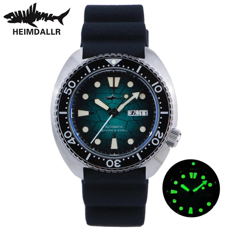 HEIMDALLR Turtle King Mens Diver Mechanica Watch Sapphire 200m Water Resistant  316L Steel C3 BGW9 Luminous NH36 Automatic Watch