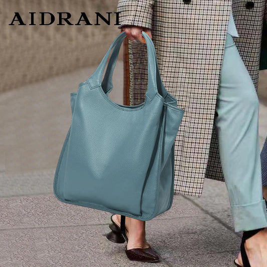 Aidrani New Minimalist WOMEN'S Tote Bag with Large Capacity and Solid Color Design Soft Cowhide Single Shoulder Underarm Bag