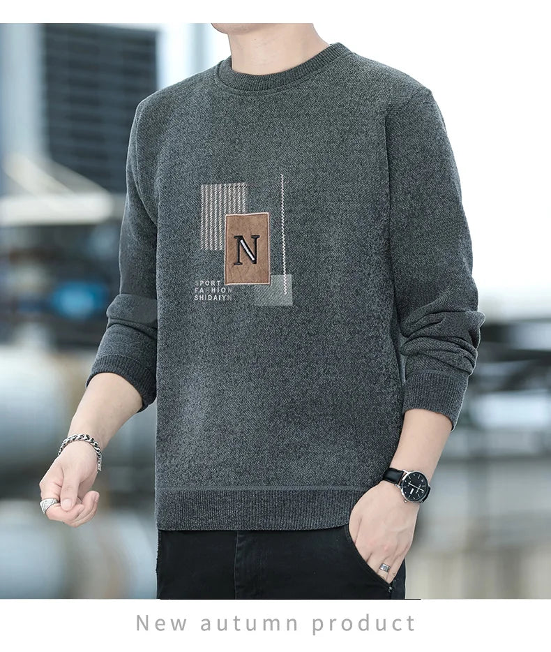 Sweater Men Knitted Round Neck Pullovers Fleece Thick Warm Winter Knitwear Y2K Fashion Jumpers Men's Clothes