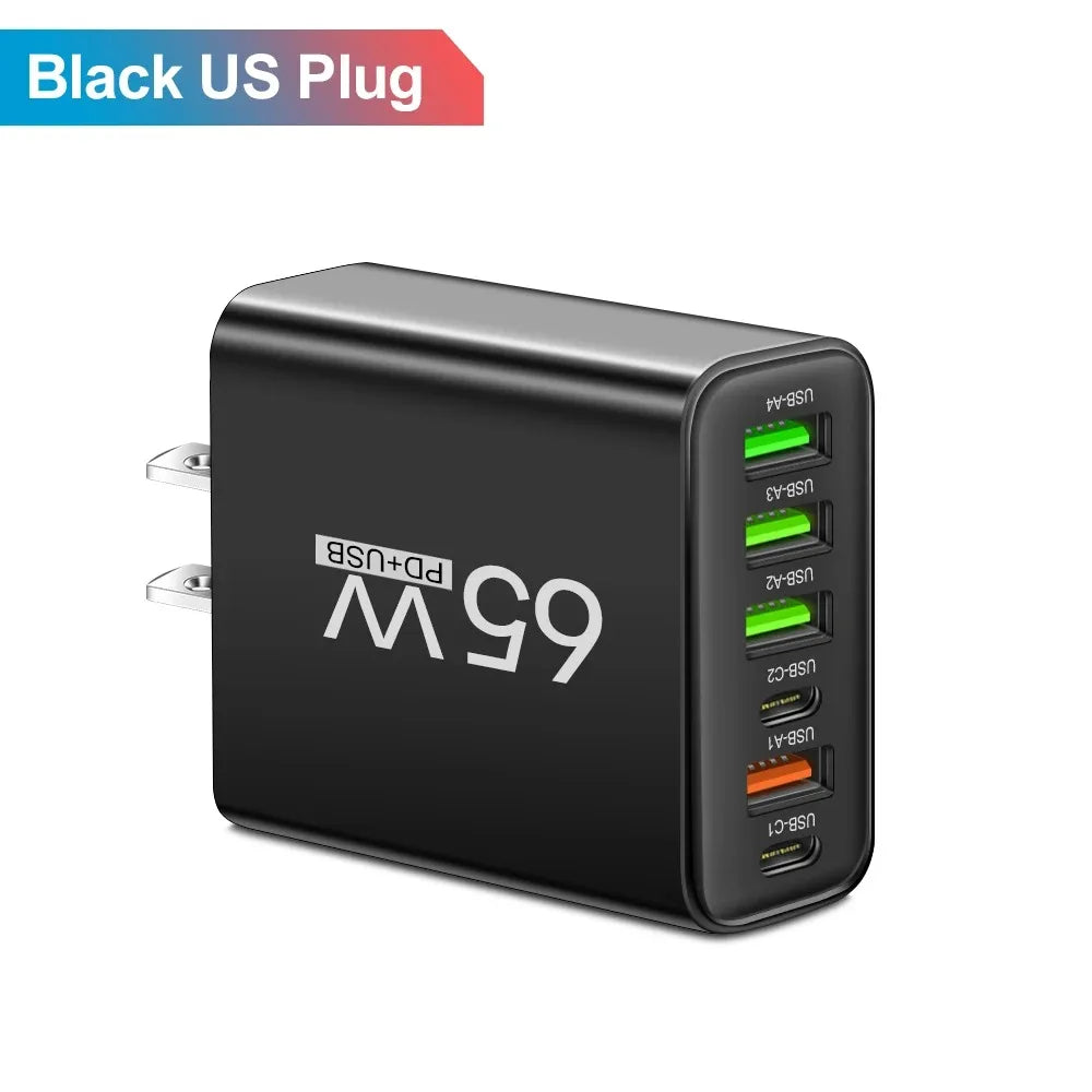 Multi Ports USB Charger 65W 6 in 1 Fast Charging Type C Phone Adapter For iPhone Samsung Xiaomi Huawei EU/US Plug Wall Charger