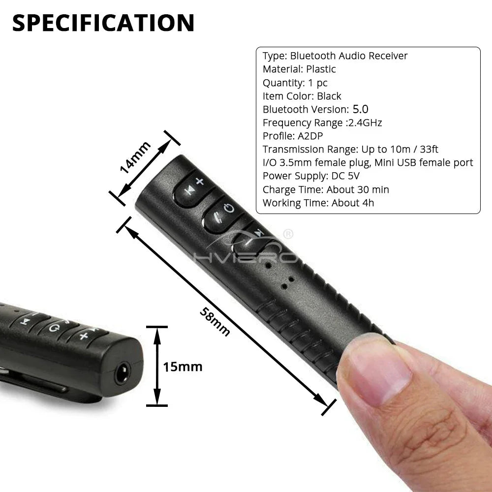 1X Wireless Bluetooth 5.0 Receiver Transmitter Adapter 3.5mm Jack Car Music Audio Aux A2dp Headphone Reciever Handsfree 5V Black