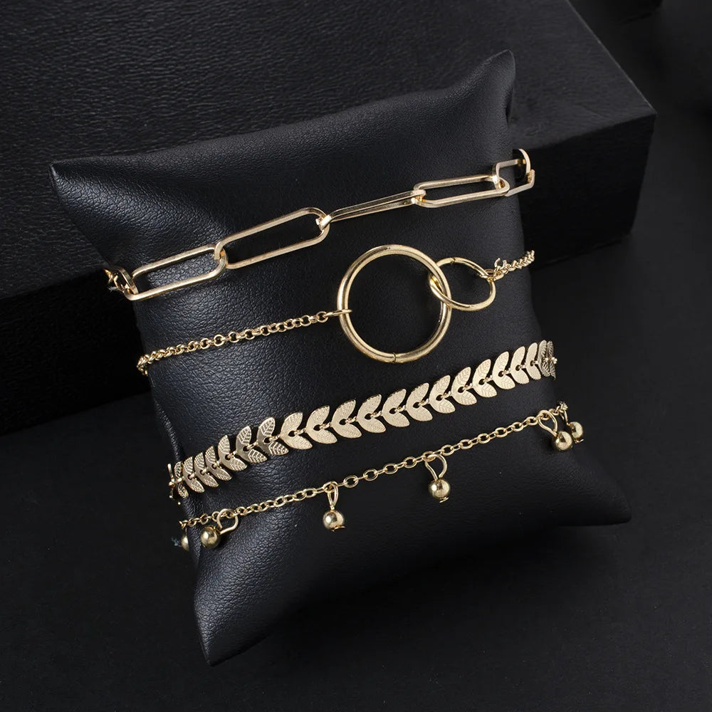 Trendy Geometric Link Chain Tassel Bracelet Set for Women Gold Color Leaves Heart Pendant Open Cuff Bangle Girls Jewelry