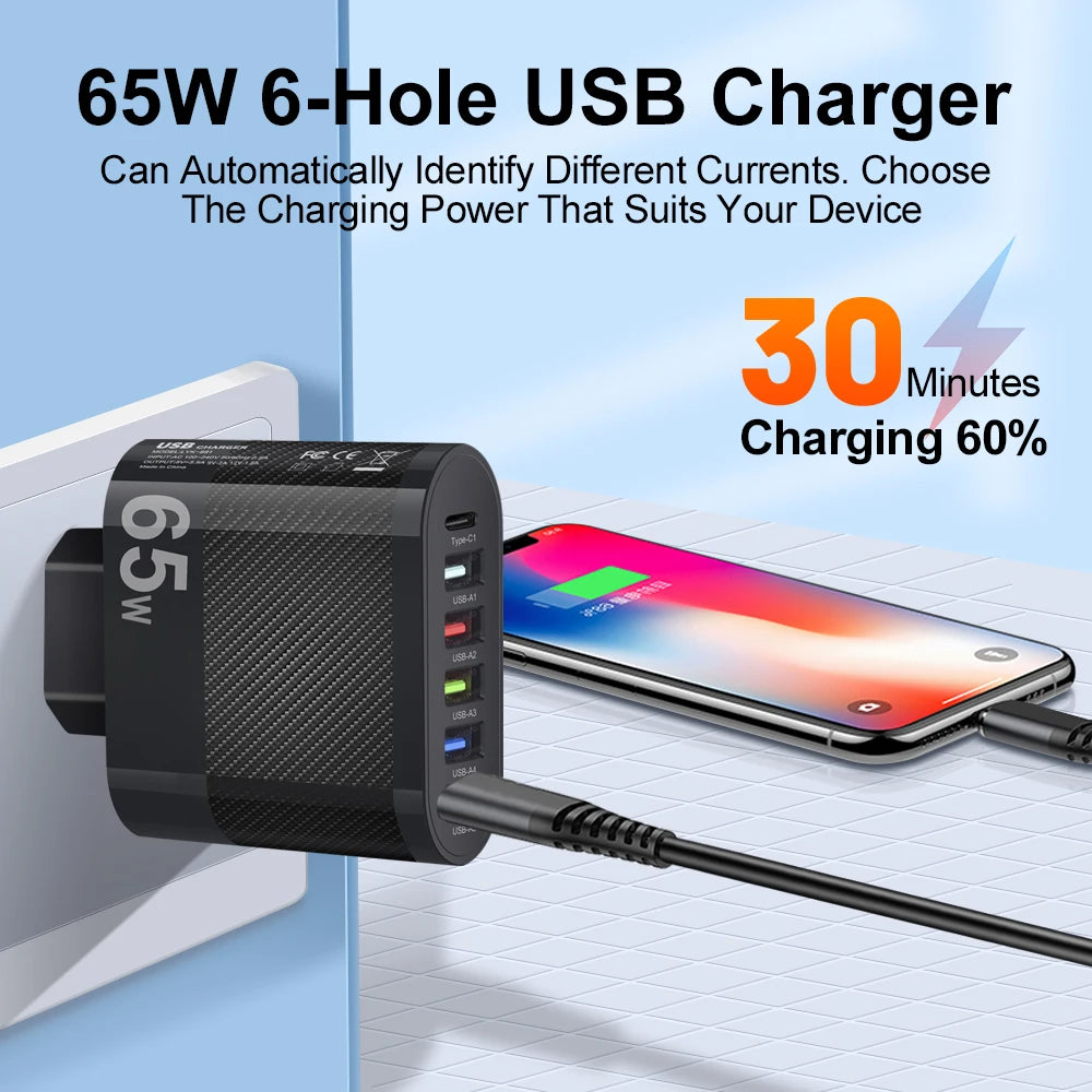 65W 5Ports USB Charger PD Fast Charging Adapter For Xiaomi iPhone 15 14 13 Samsung Mobile Phone Plug Charging QC3.0 Wall Charger