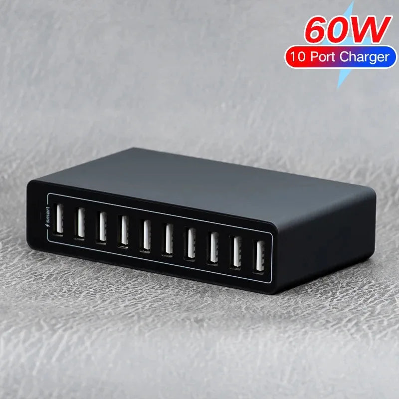 60/65W USB Charger Station 10 Port Desktop USB Fast Charger for Smart USB Charger for Multiple Devices Smart Phone Tablet Laptop