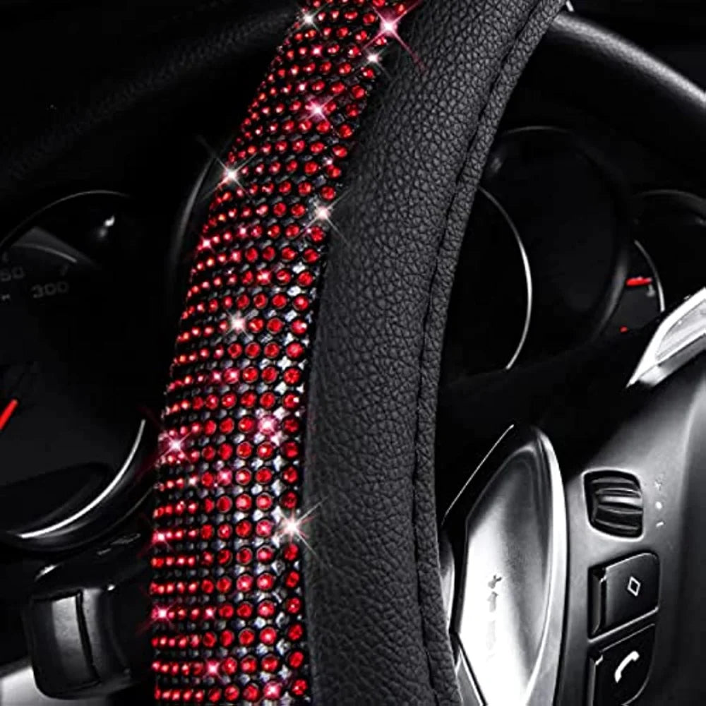 38cm CAR PASS Red Diamond Black Leather Steering Wheel Cover With Bling Crystal Rhinestones Universal