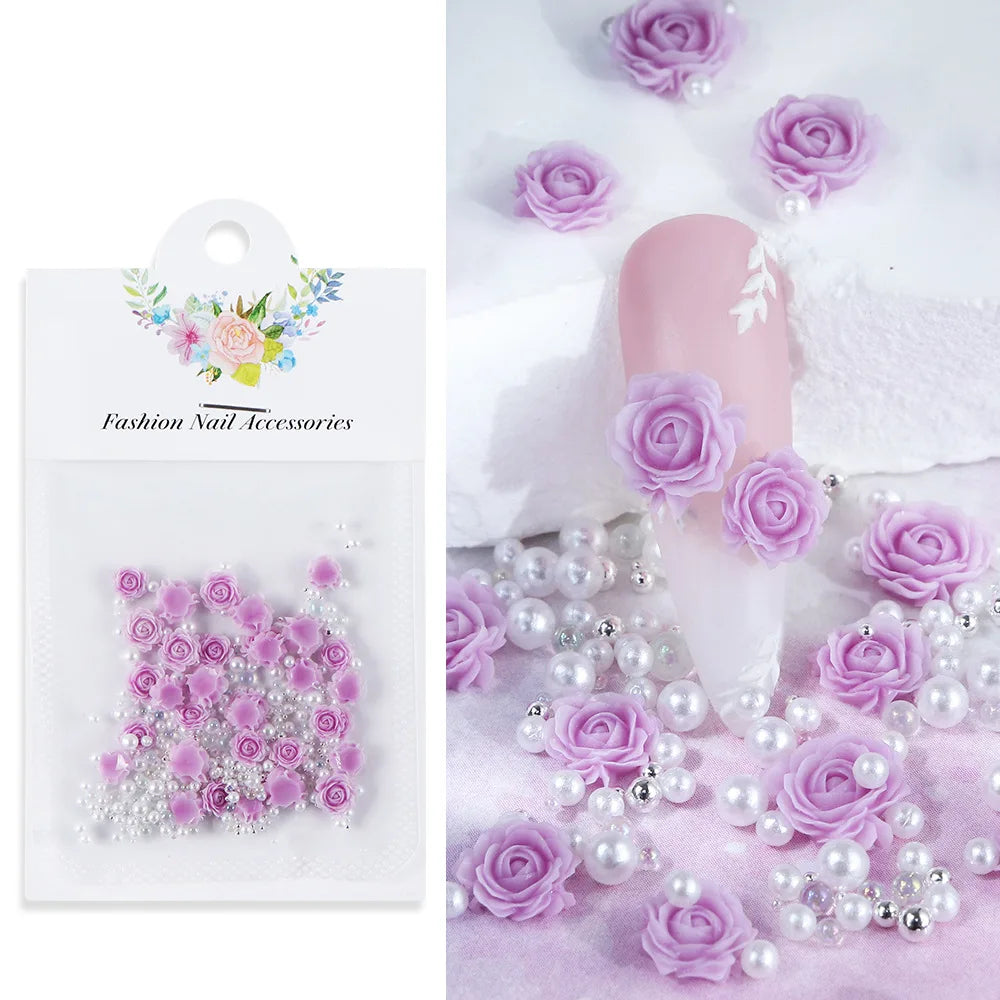 30 pcs gradient carved rose nail ornaments with steel bead pearl nail accessories