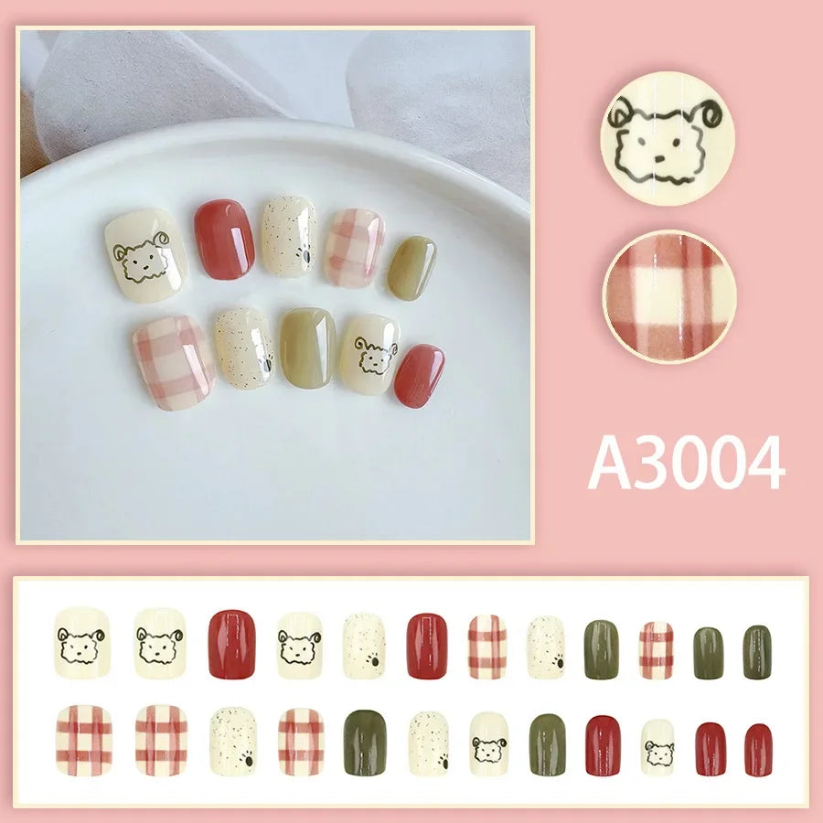 Watercolor Rose Fake Nail with Jelly sticker Press on False Nails Wearable Round Head Oval Full Cover Nail Tips