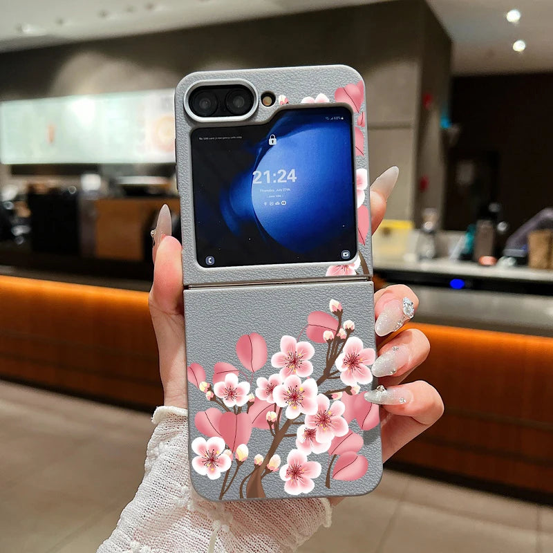 For Samsung Galaxy Z Flip 7 FE 6 5 3 4 Leather Texture Phone Case Floral Flower Soft TPU Folding Cover For Samsung Z Flip5 Flip6