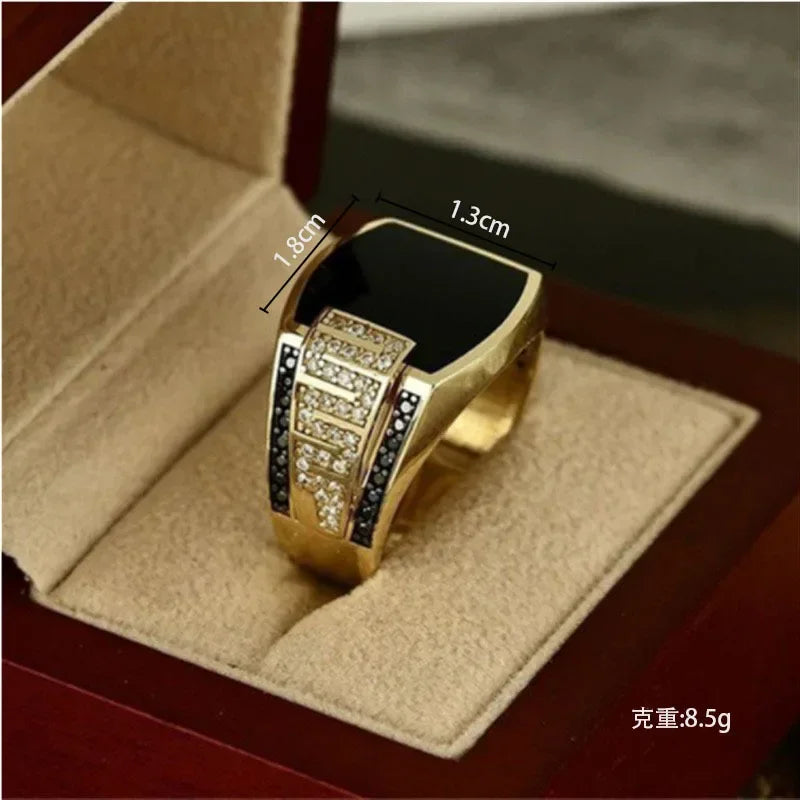 2024 Classic Men's Ring Fashion Metal Gold Color Inlaid Black Stone Zircon Punk Rings for Men Engagement Wedding Luxury Jewelry