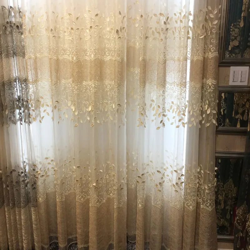 High Precision Embroidered Gauze Curtain with Embossed Leaves Curtains for Living Dining Room Bedroom