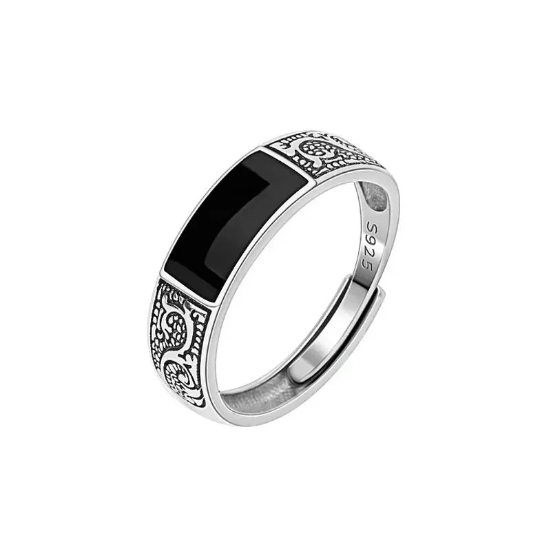 Trendy Silver Sterling Silver Ring for Men Jewelry Black Rectangle Retro Dragon Pattern Ring Male Infex Finger Accessories Open