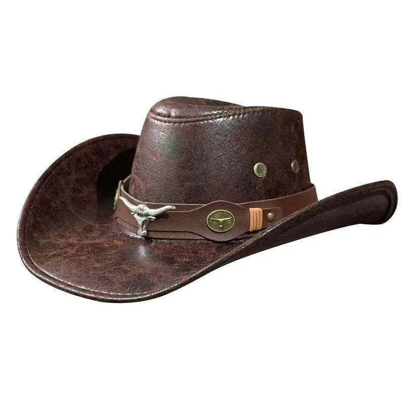 Faux Leather Western Cowboy Hats For Women Men Vintage Gentleman Dress Hats Panama Cowgirl Jazz Cap Sombrero Hombre