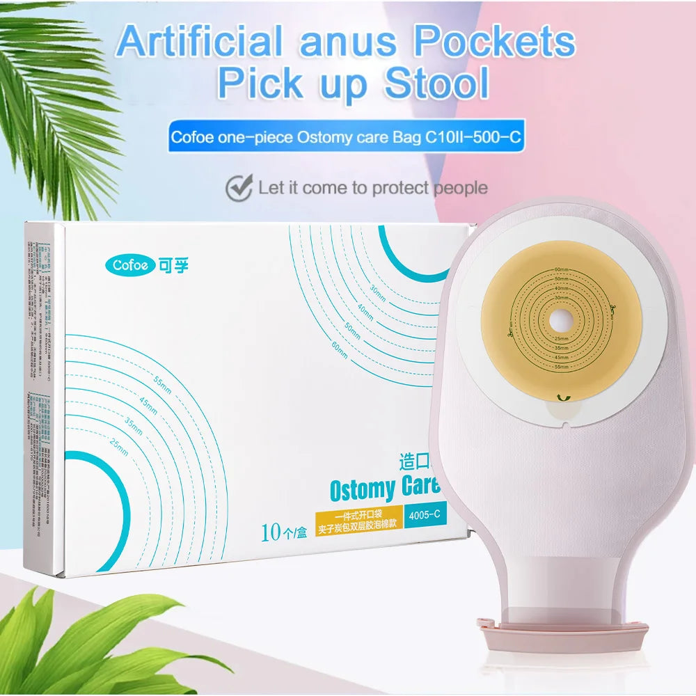 Cofoe 10pcs Ostomy Bags One-piece System Colostomy Bags  Disposable Colostomy Pouch Opening 20-60mm  With Clip Closure