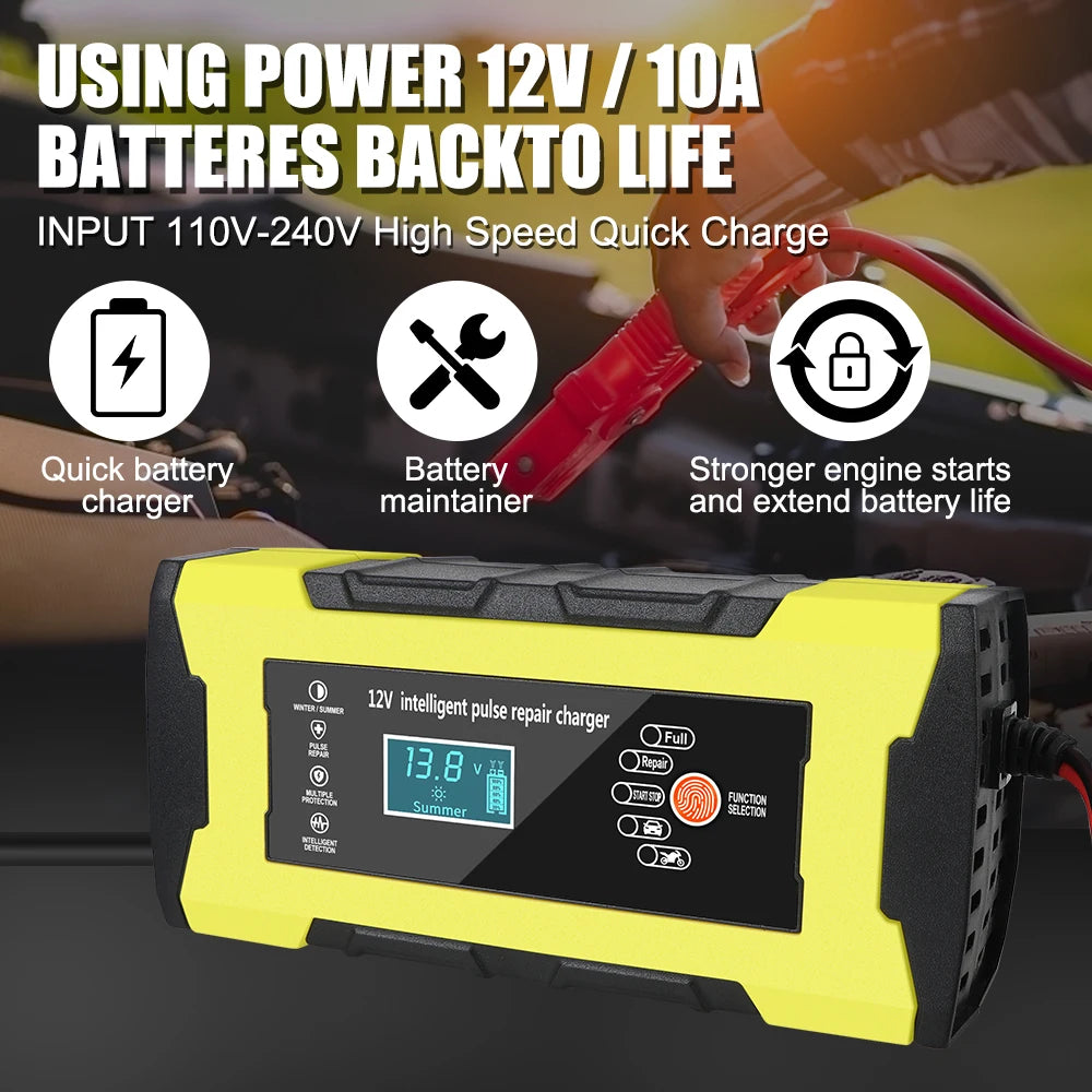 12V 10A Intelligent Fast Power Charging Auto Pulse Repair Car Motorcycl Battery Charger Digital LCD Display Automatic Smart Fast