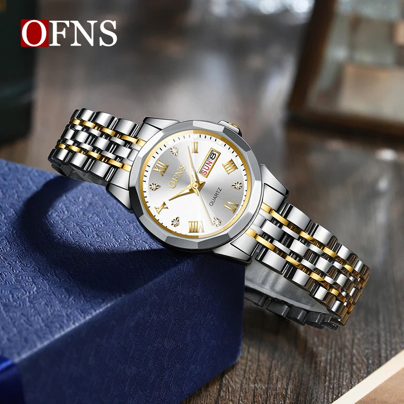 OFNS Top Brand Luxury Couple Watches Waterproof Luminous Stainless Steel Ladies Quartz Watch Men Women Fashion Lovers Watch