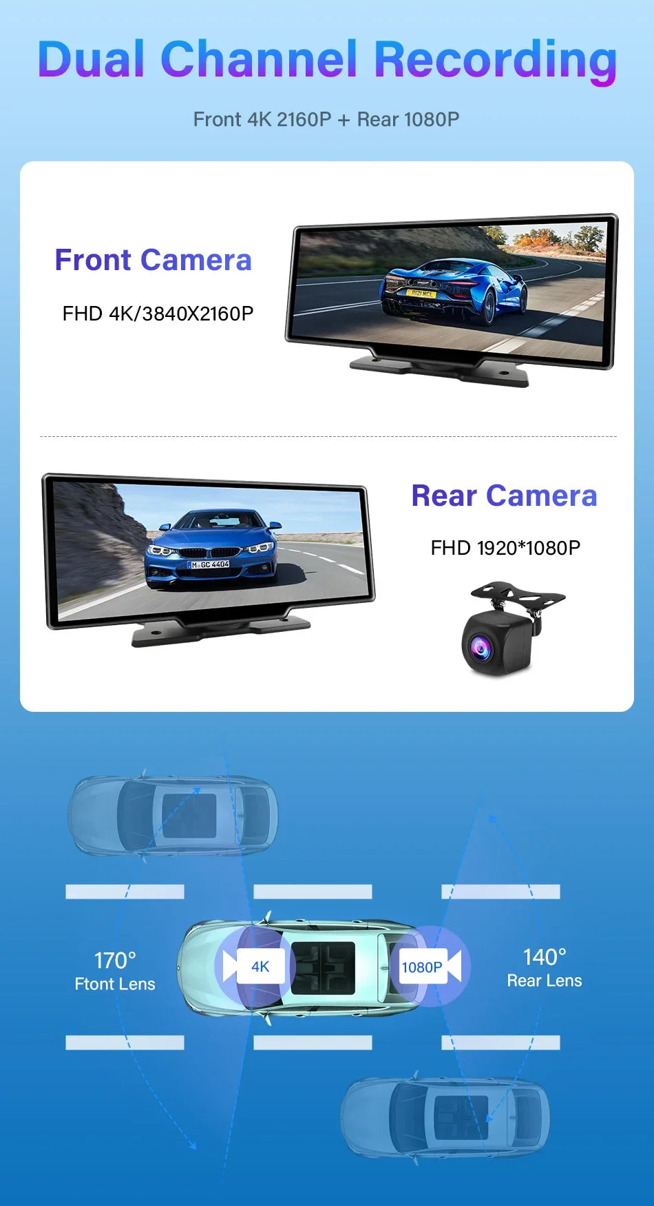 Jansite 10.26" 4K DVR Wireless CarPlay & Android Auto Dash Cam GPS Navigation 24h Park Monitor Night Vision Rear View Mirror
