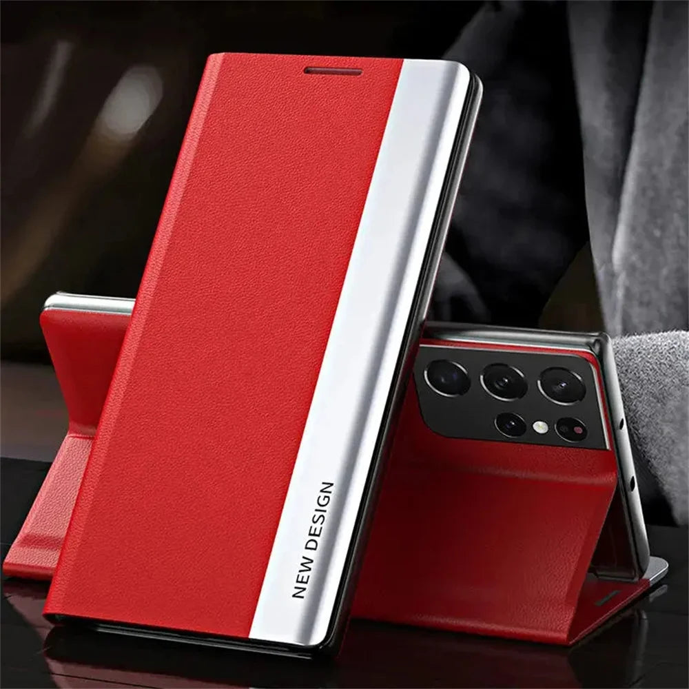 Stand Flip Phone Case For Samsung S26 S25 S24 S23 S22 S21 S20 FE Ultra Leather Plating Back Cover On Galaxy S26 S25 Plus Funda