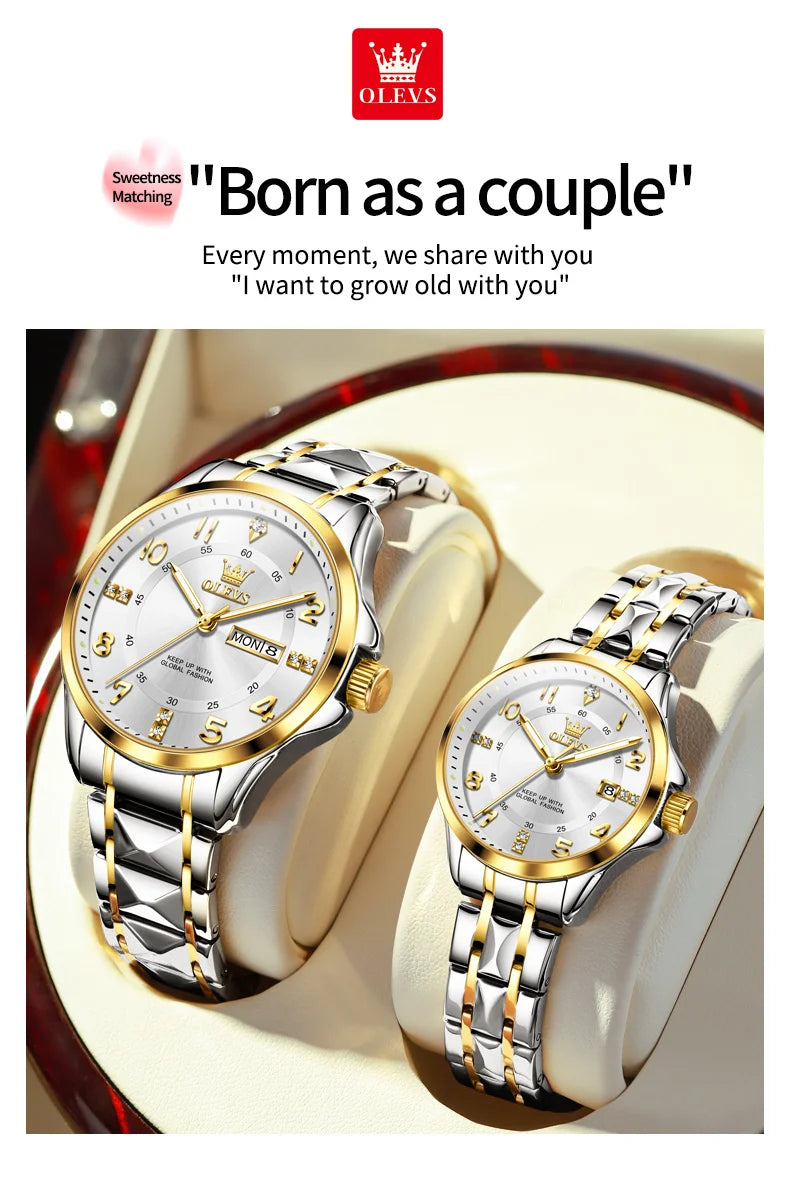 OLEVS 2910 Luxury Men Women Couple Watch Dual Calendar Display Waterproof Stainless Steel Clock Gold Diamond Couple Quartz Watch
