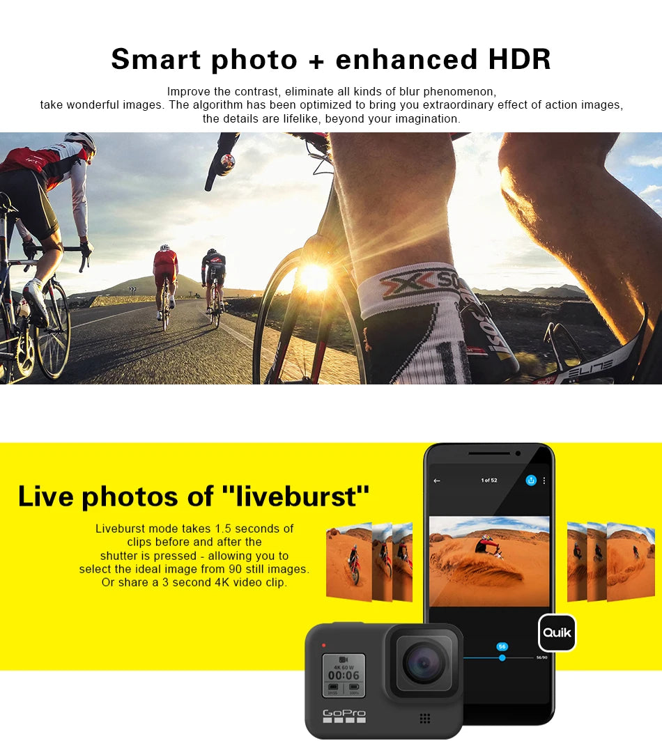 GoPro hero 8 Black stable 4K video 12MP photo portable 1080p live broadcast Motorcycle and Skiing Sports go pro Camera