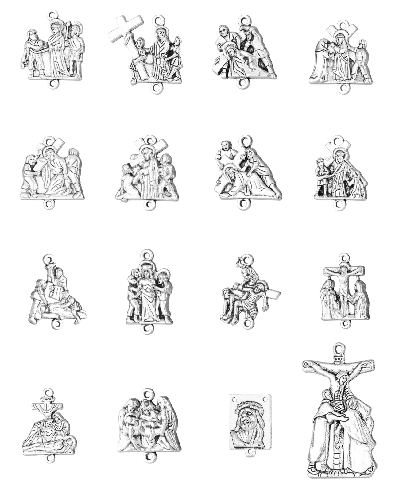 16Pcs Stations Cross Signs Devotional Medals Crucifix Jesus Cross Crown of Thorns Pendant Set for Rosary DIY Accessories