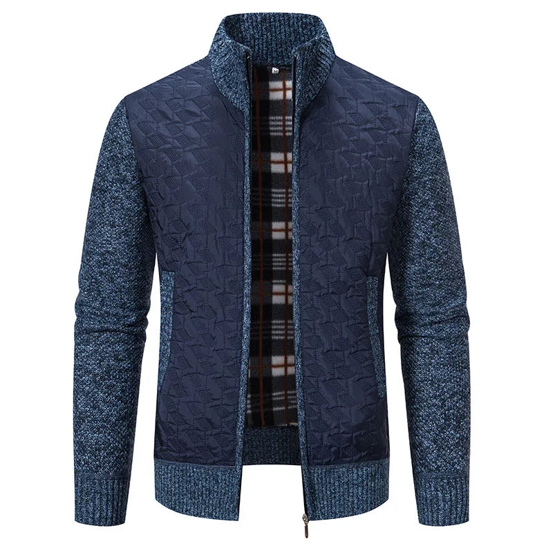 Mens Sweaters Jacket Full Zip Fleeced Sweater Cardigan Plaid Stand Collar Sweaters Coat Autumn Winter Homme Clothes