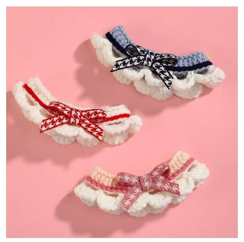 Cute Bow-knot Hand-knitted Saliva Towel  Kitten Cat Puppy  Adjustable Collar Pet Decorative Dog Cat Collar Pet dog Accessories
