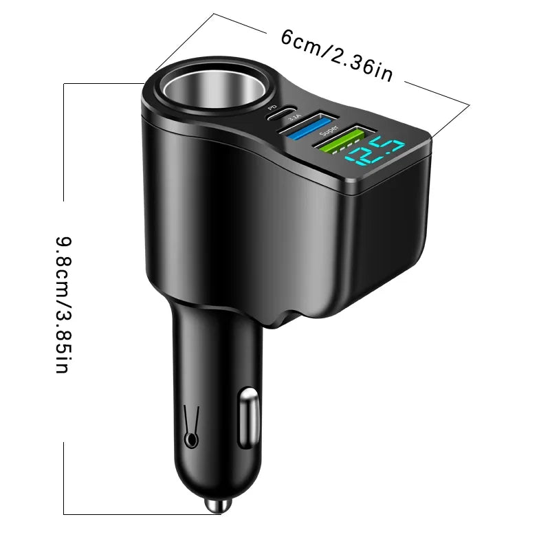 New digital display car fast charging dual USB car charger car one to three cigarette lighter 66W car multifunctional charger