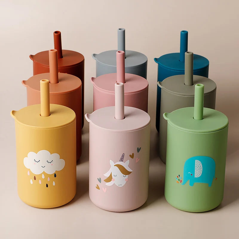 TYRY.HU 1Pc Baby Feeding Straw Cup Baby Cartoon Learning Feeding Cup Food Grade Silicone Toddler Water Bottle Tableware BPA Free