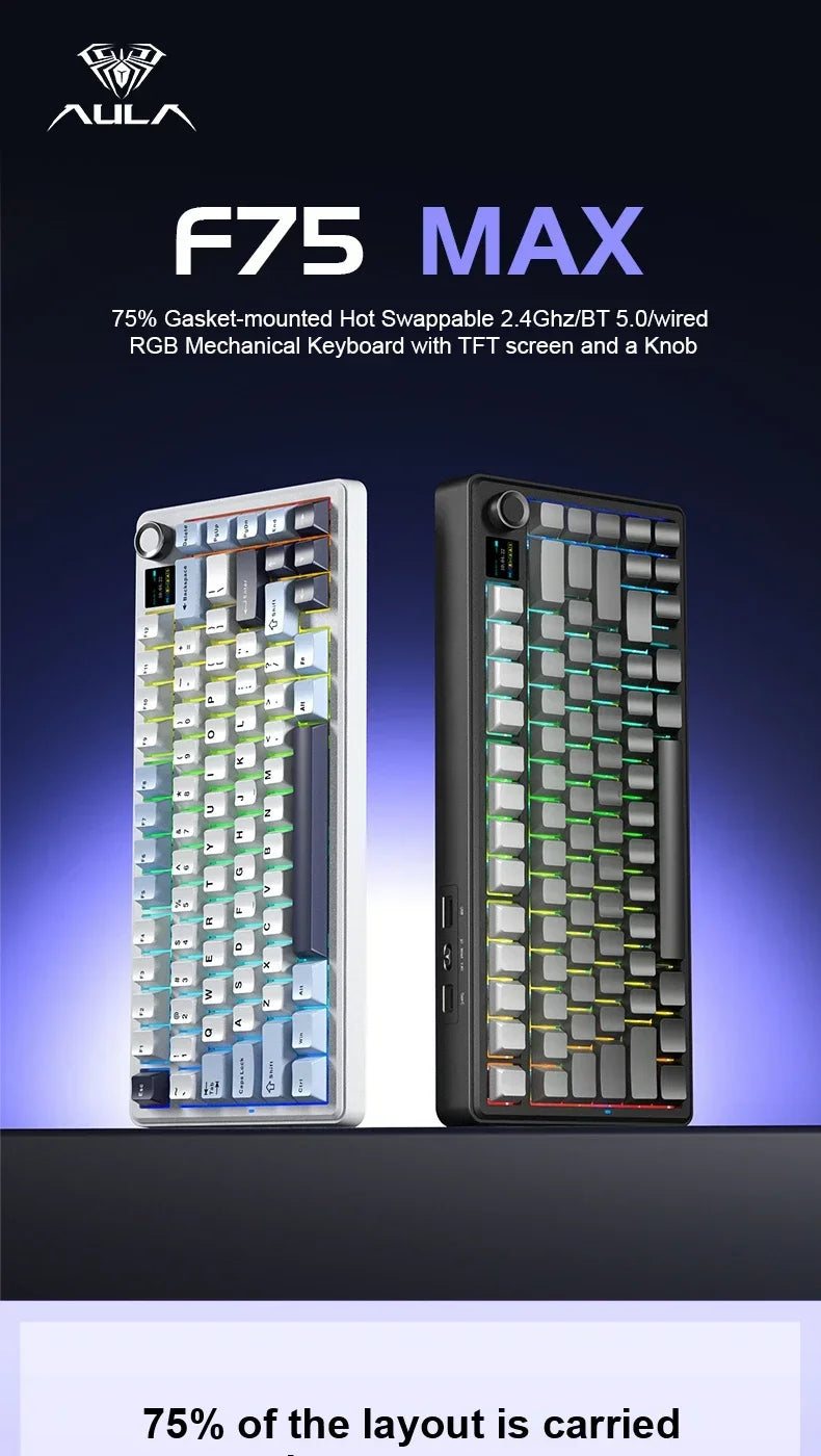 AULA F75 MAX Gaming Keyboard Three-mode connection 75% Layout Gasket Structure Hot-Swap RGB E-sports Keyboard Game Accessories