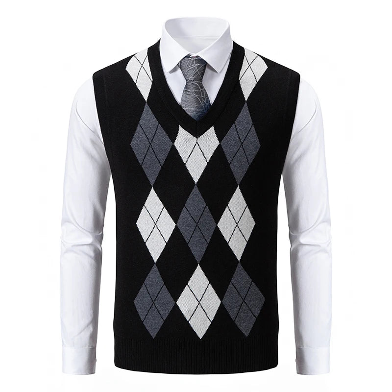 Mens Soft Sweater Vest Spring Autumn Sleeveless Knitted Pullover Husband Dad Fashion Knitted Vests Black Grey Plaid S-2XL