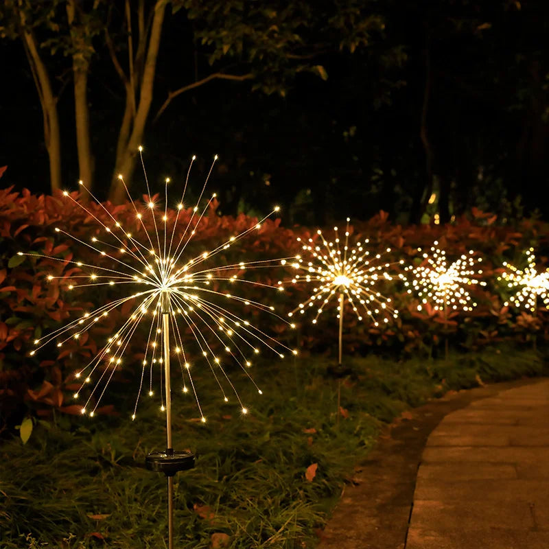 LED Outdoor Solar Fireworks Lights 90/150 LED Fairy Lights 8 Modes Garden Ground Plug Waterproof Holiday for Balcony Lawn Decor