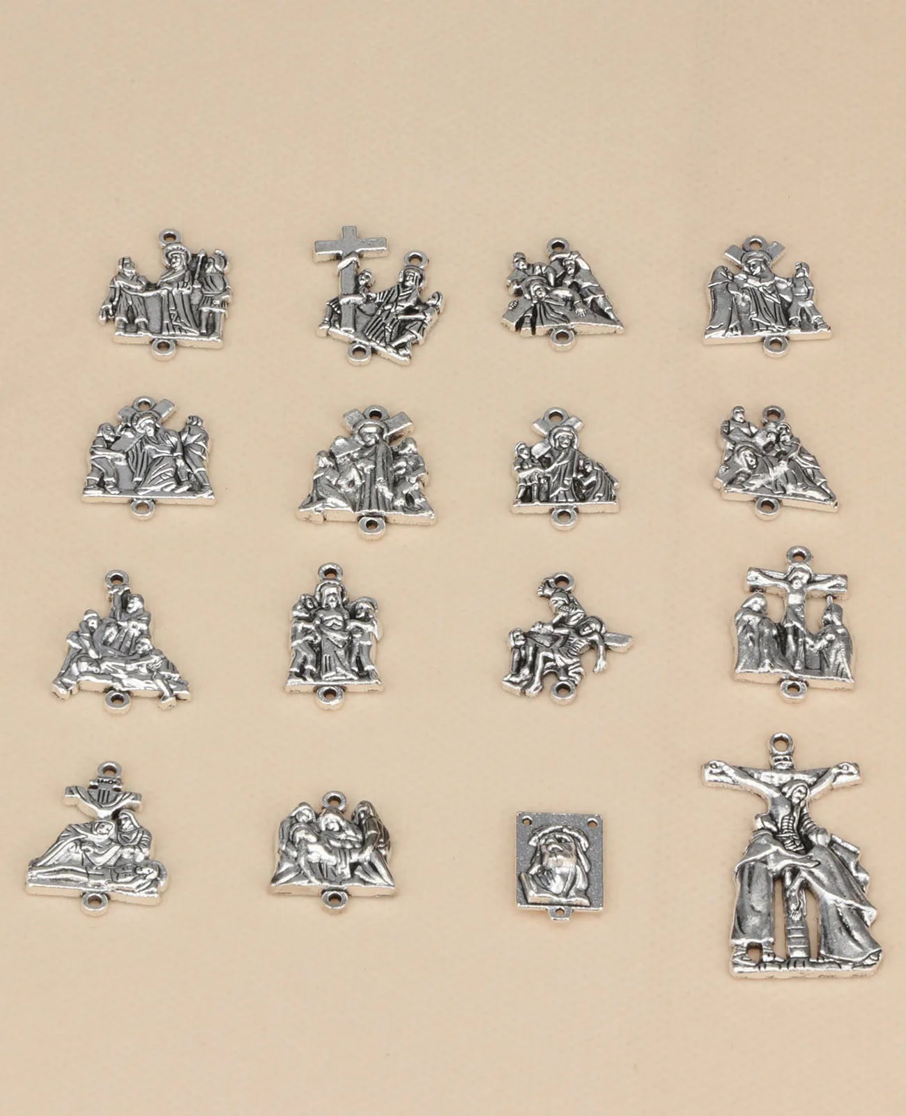 16Pcs Stations Cross Signs Devotional Medals Crucifix Jesus Cross Crown of Thorns Pendant Set for Rosary DIY Accessories