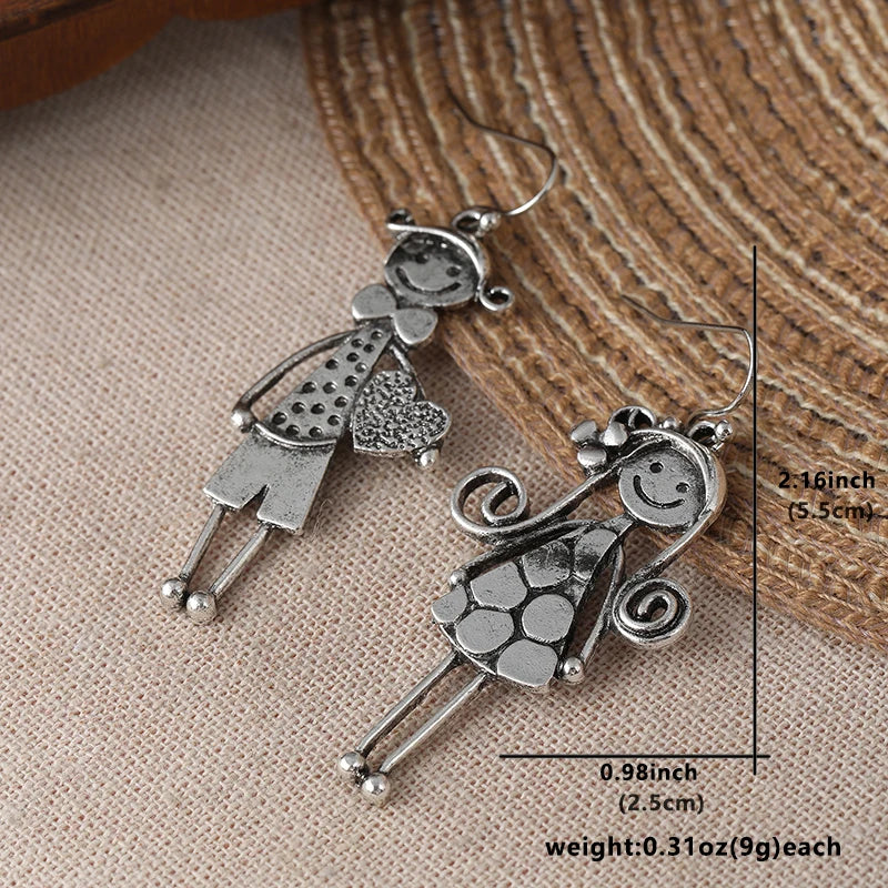 Creative Retro Minimalist Couple Character Metal Pendant Earrings for Women's Daily Minimalist Earring Accessories