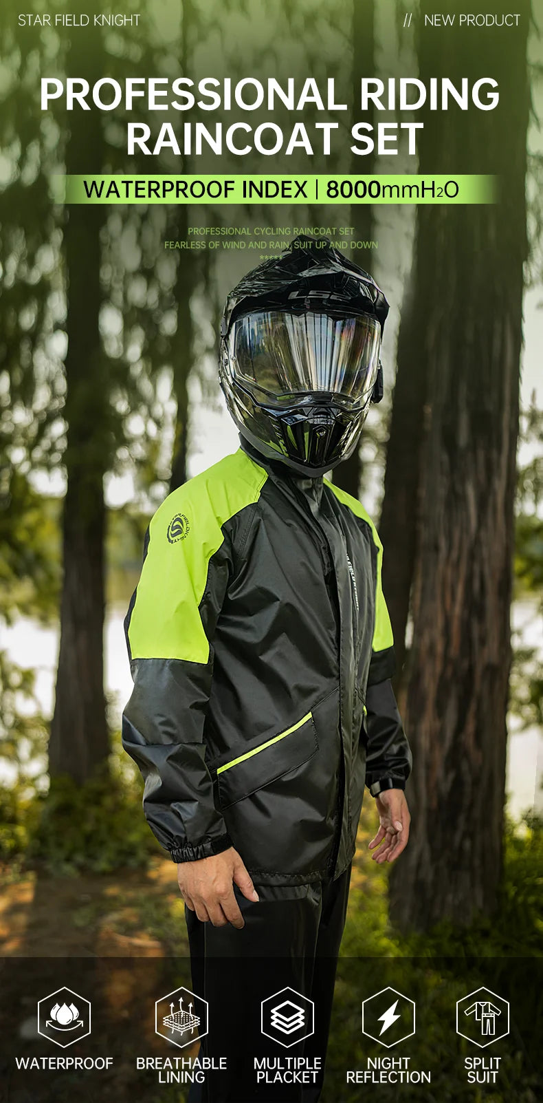 Star Field Knight Black-grey Motorcycle Raincoat Rainpants Suit Waterproof Inner Mesh Breathable Men Women Riding Gears 2Pcs/set