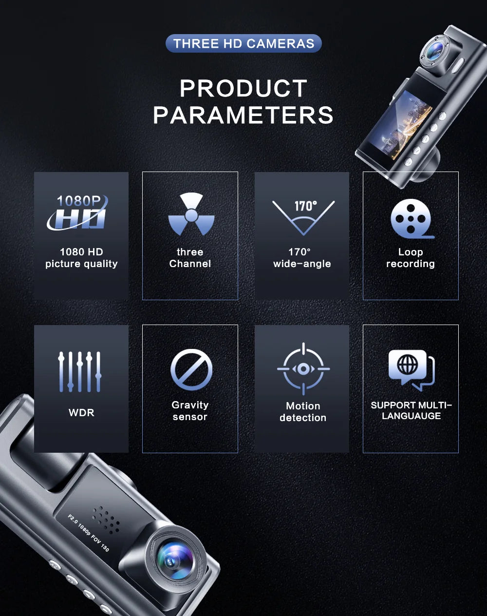 3 Camera Dash Cam W/ IR Night Vision Loop Recording & 2" IPS Screen 1080P  ， DVR recorder, video recorder, Vehicle DVR