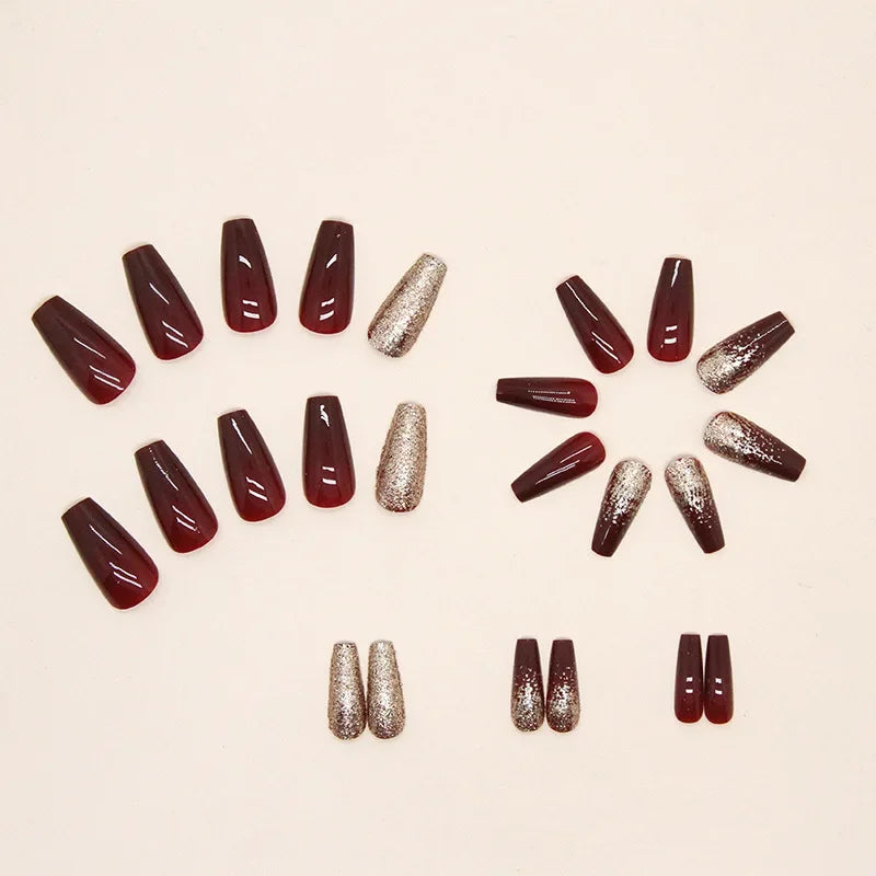 Gold Pink Wine Red 24 Pcs Fake Nail with Jelly sticker Press on False Nails Wearable Round Head Oval Full Cover Nail Tips