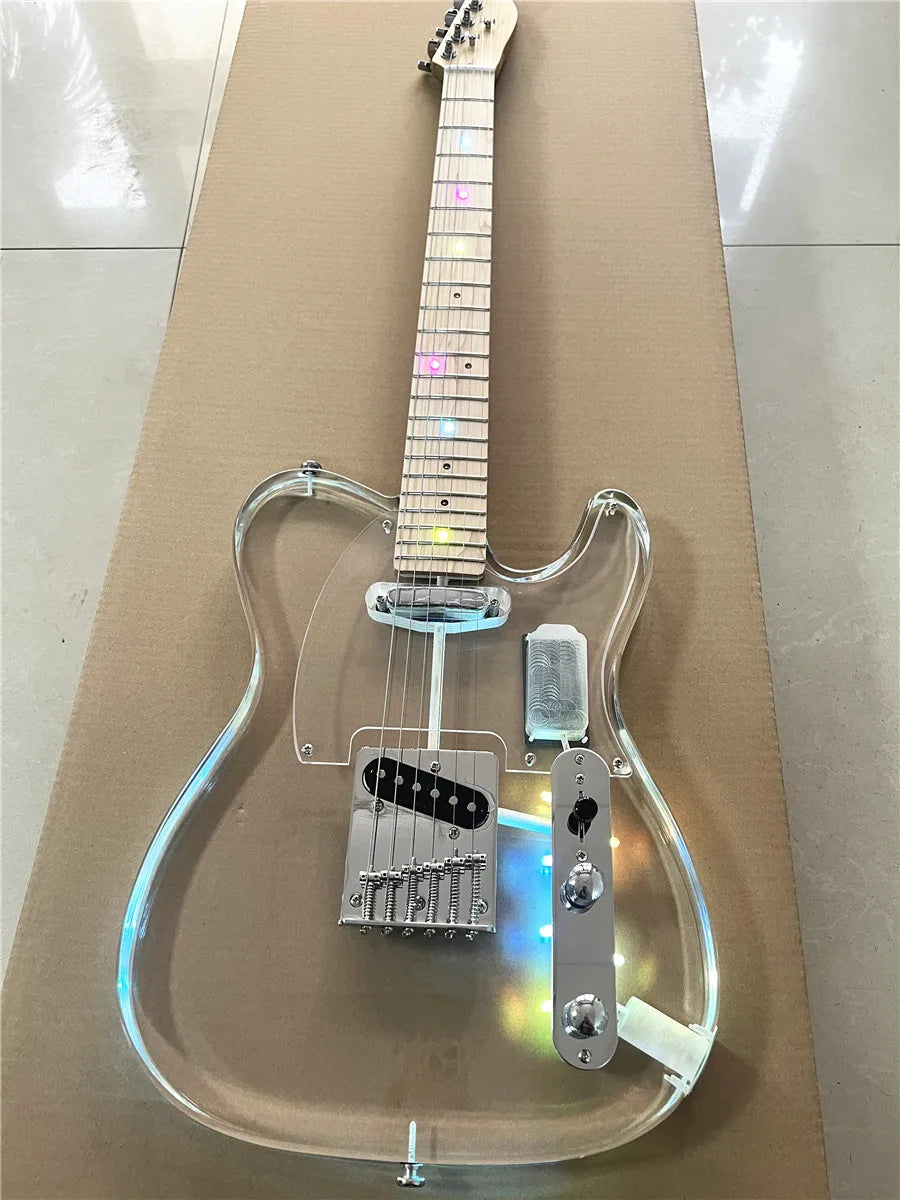 High quality classic acrylic transparent Plexiglass crystal 6-string electric guitar LED lights Maple guitar neck Free shipping