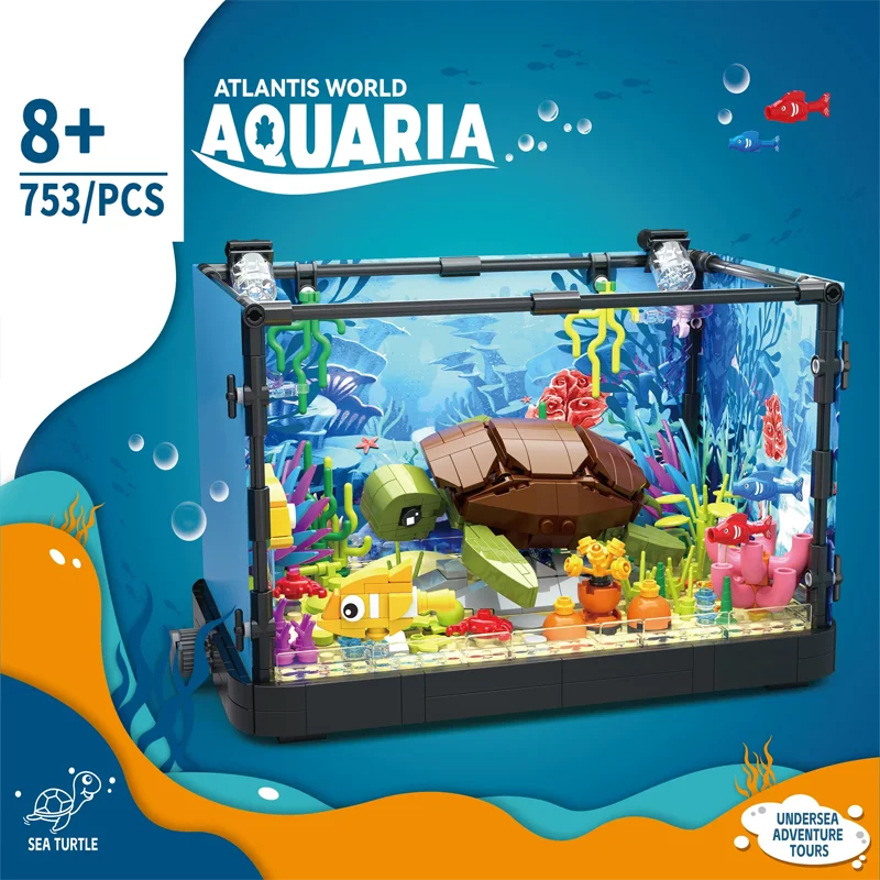 Idea Fish Tank Building Block Set with Light，Aquarium, Marine Life, Jellyfish And Turtle Ecological Tank, Toys For Boys And Girl