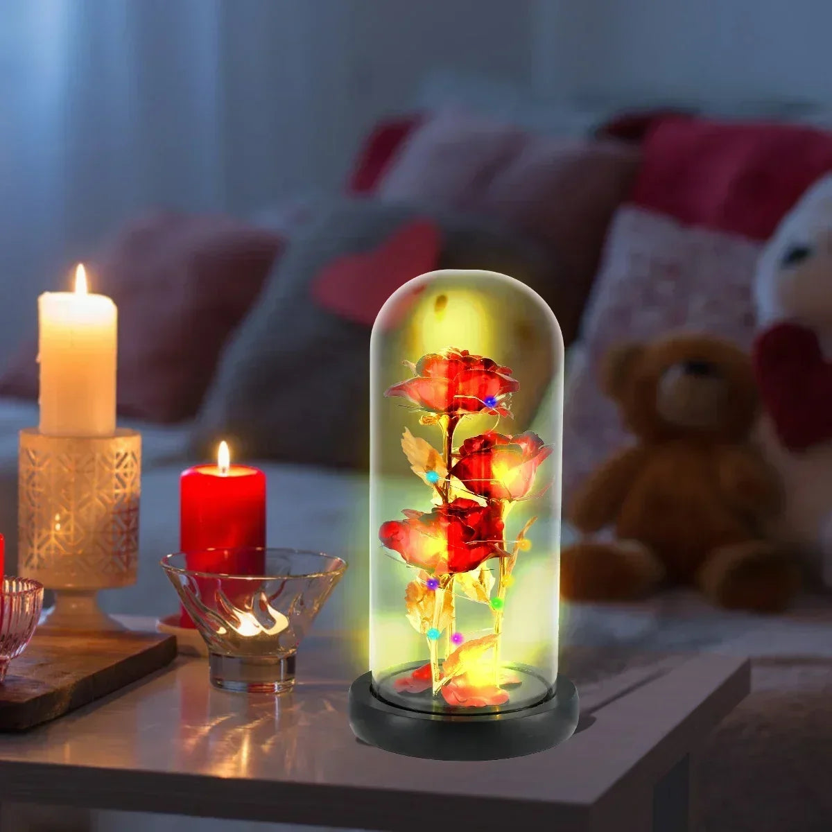 Rose enchantée en verre avec lumières LED, fleur artificielle, cadeau de Noël, la belle et la bête, Saint Valentin