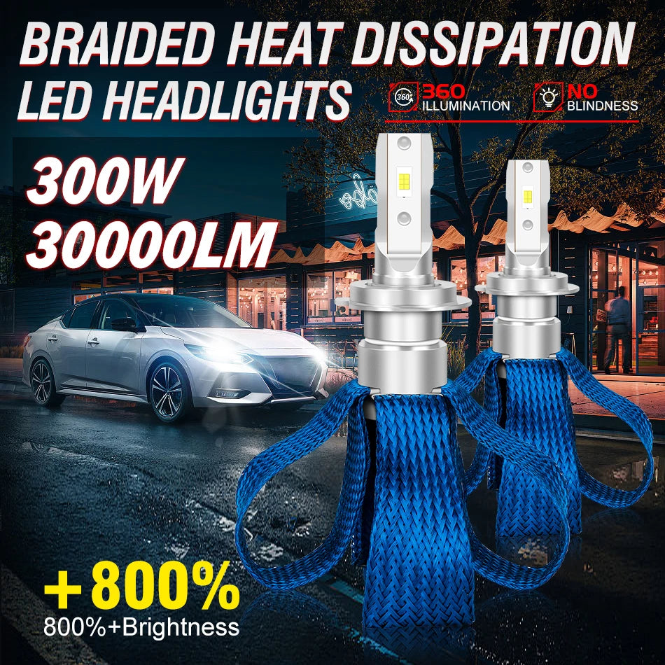 300W 30000LM H7 H4 H11 LED Car Headlight Bulbs H1 H8 H9 9005 HB3 9006 HB4 6500K White CSP Chip Fanless No Fan Bulb Copper Strip