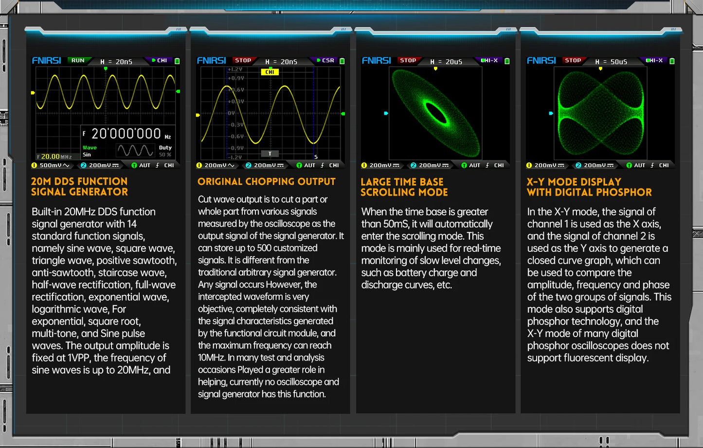FNIRSI DPOX180H Handheld Dual Channel Digital Oscilloscope 180MHz-3DB 2 In 1 Function Signal Generator Fluorescence Display ZOOM