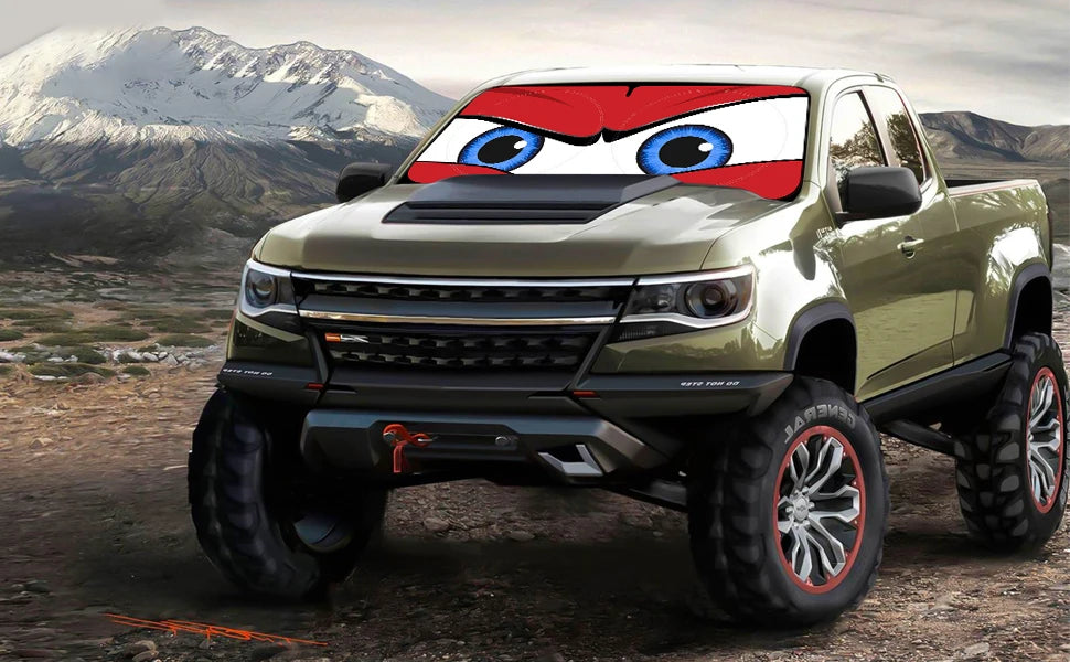 Car Cartoon Devil's Eye Foldable 59'x27.5' Car Windshield Sun Shade, Funny Car Eyes Sun Visor Wear-ResistantFoldable Reflective