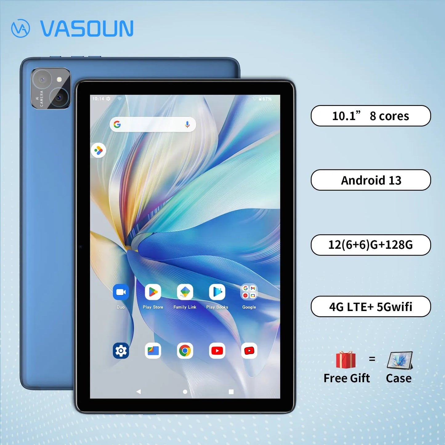 VASOUN Android 13 Tablet 10.1", 12GB(6+6 Expand) RAM, 128GB ROM, Octa Core, Dual SIM 4G Unlocked With 2.4G/5G WiFi GPS