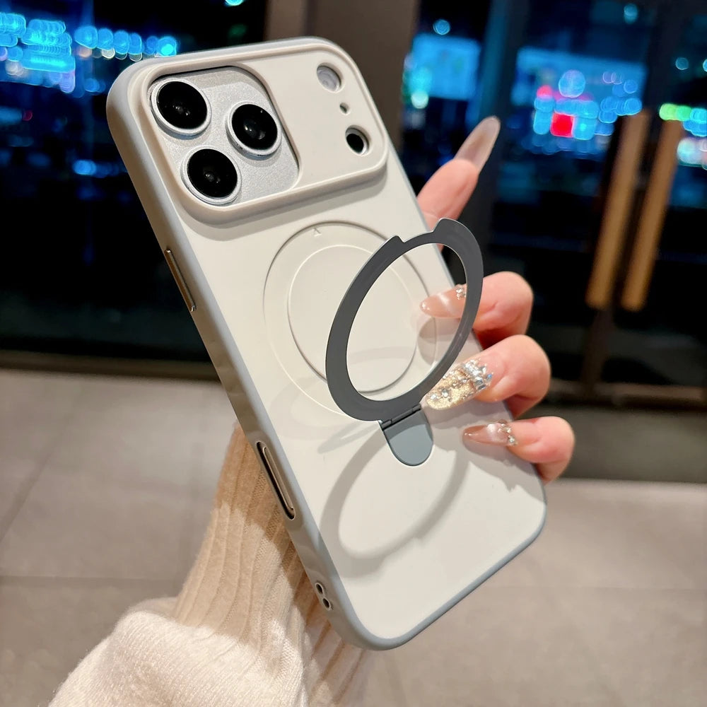 Luxury Skin Feel for Magsafe Phone Case For iPhone 17 16 13 15 Pro Max 14 Plus Magnetic Bracket Stand Anti-slip PC Cover