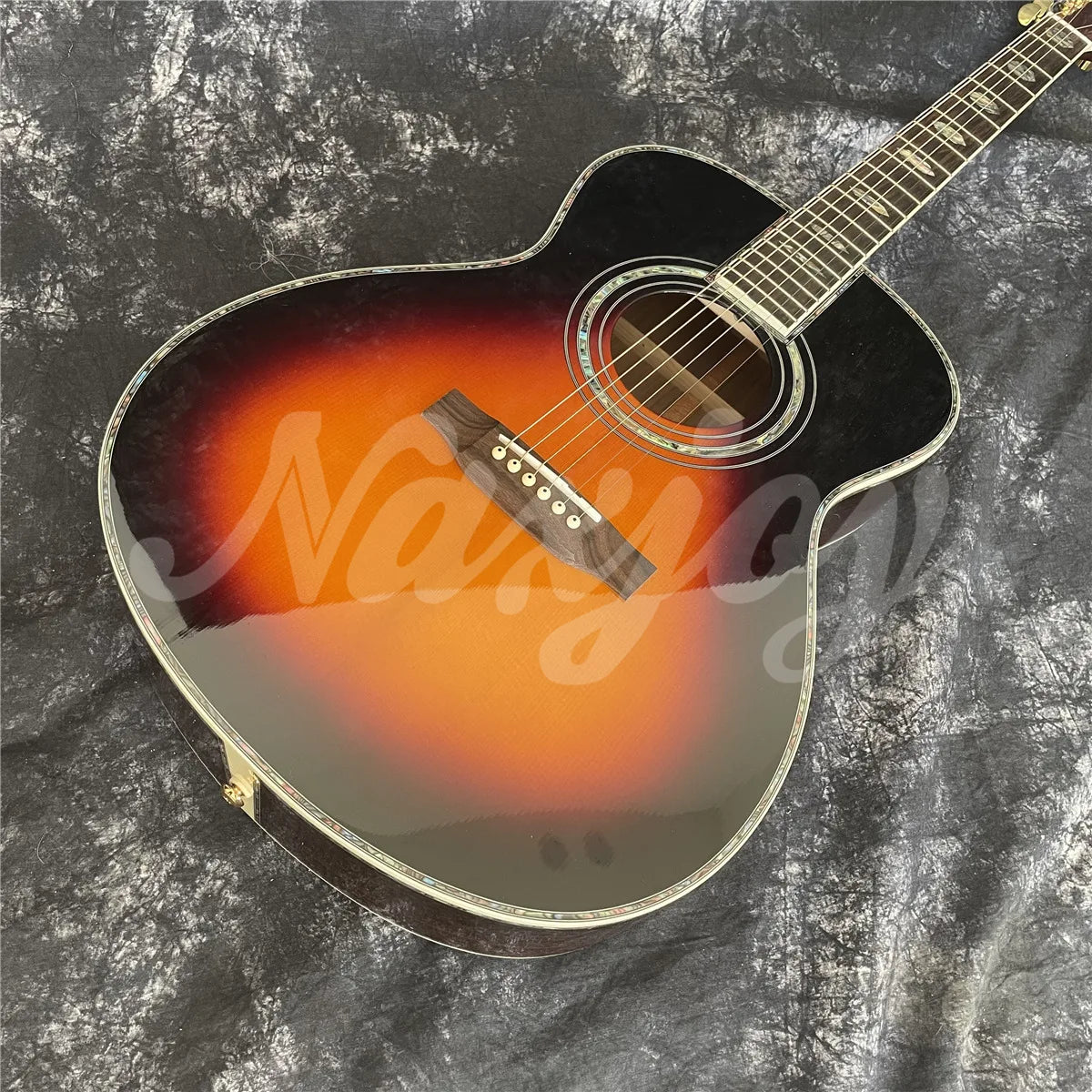 Sunburst Solid Spruce Acoustic Guitar 40 Inches OM Type 45 Model Rosewood Body Abalone Inlays Ebony Fingerboard