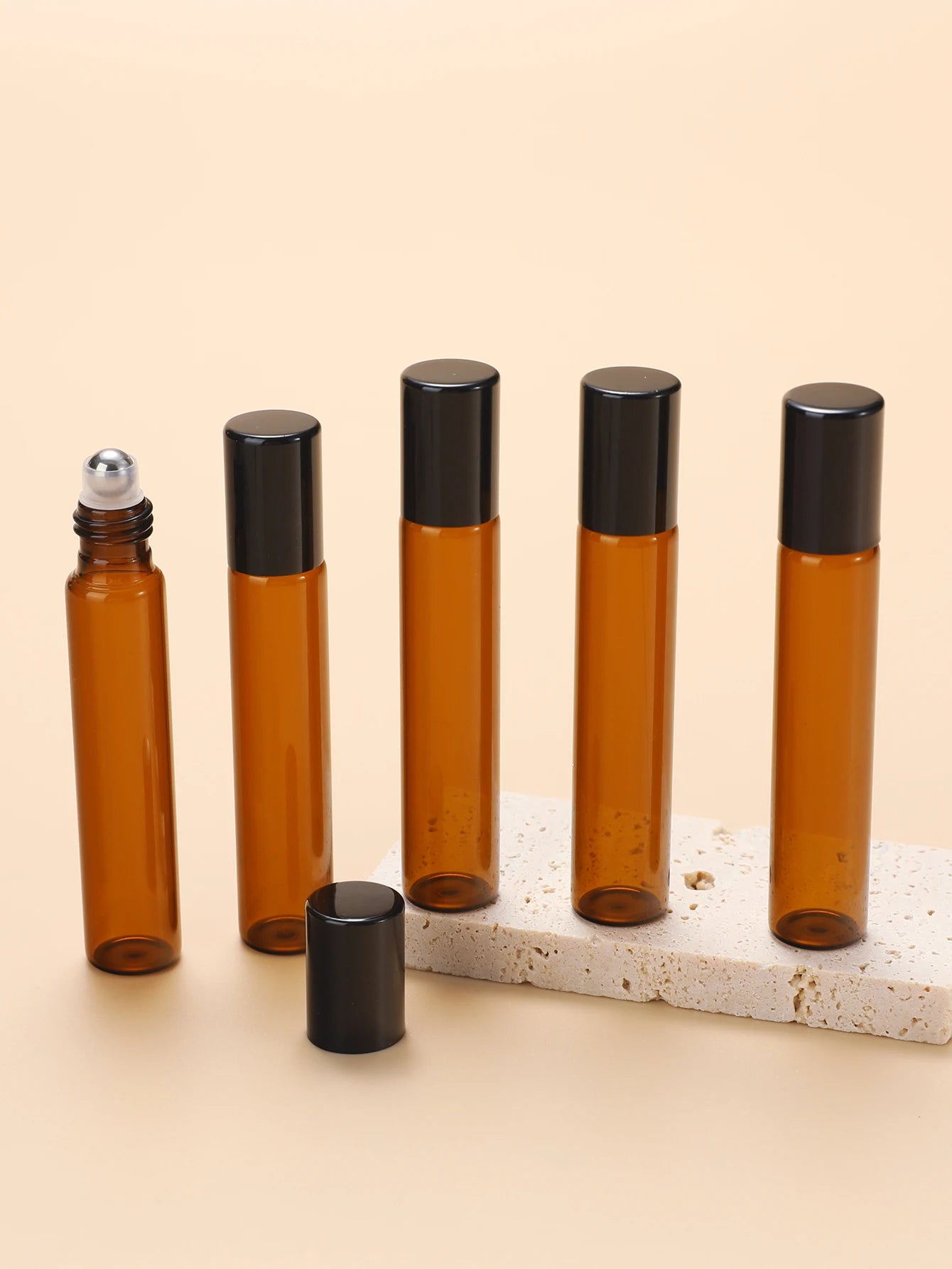 5 Refillable Glass Essential Oil Bottles, Amber Glass Bottle Rollerball Perfume Bottle, Stainless Steel Ball Hollow Travel Rolle