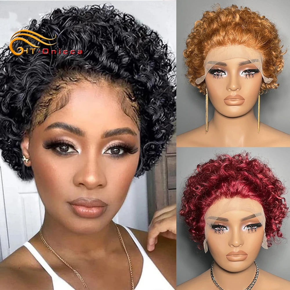 99J Wigs Human Hair Cheap Pixie Cut Wig 13X1 Transparent Lace Wig For Women Short Curly Human Hair Wig 180 Density